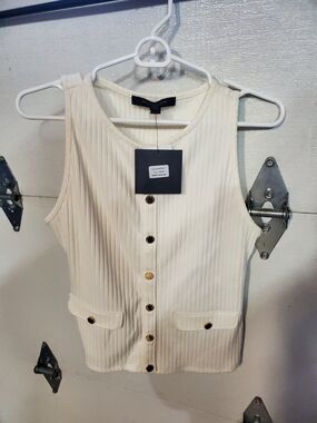 Marc New York Sleeveless Ribbed Button Front Tank - Cream with Gold Buttons